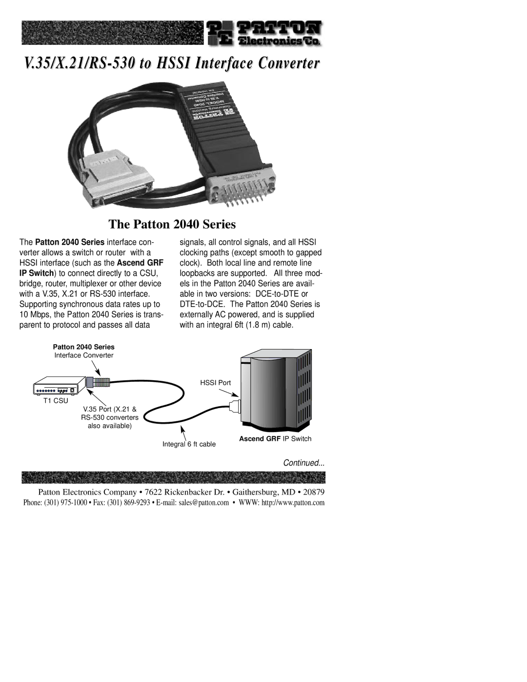 Patton electronic 2040 manual 35/X.21/RS-530 to Hssi Interface Converter 