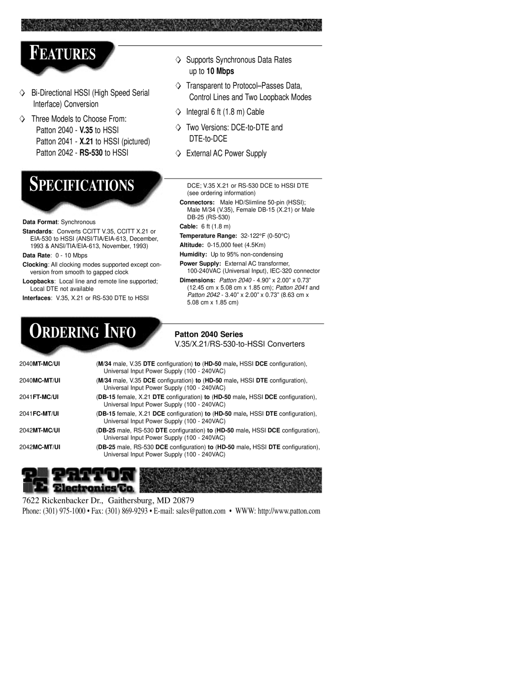 Patton electronic 2040 manual Featuress, Ordering Info, Bi-Directional Hssi High Speed Serial Interface Conversion 