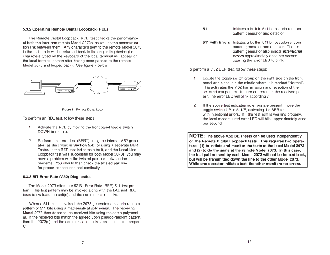 Patton electronic 2073 user manual Operating Remote Digital Loopback RDL, BIT Error Rate V.52 Diagnostics 