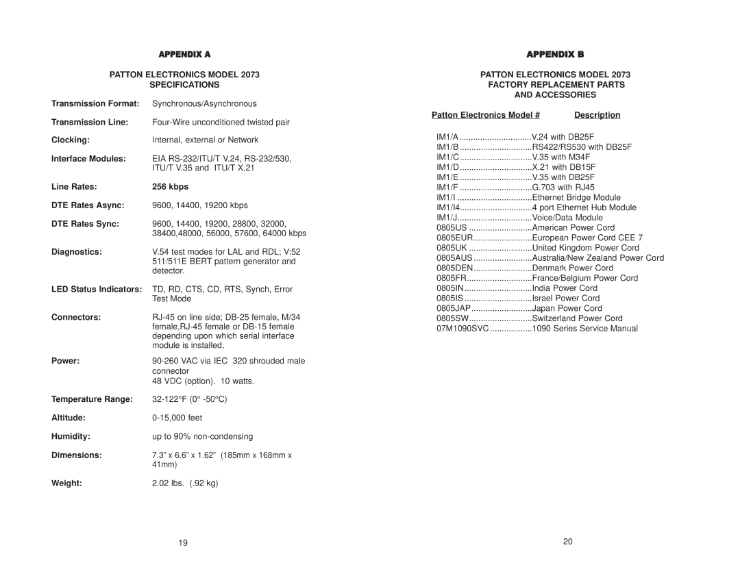 Patton electronic 2073 user manual Patton Electronics Model Specifications 