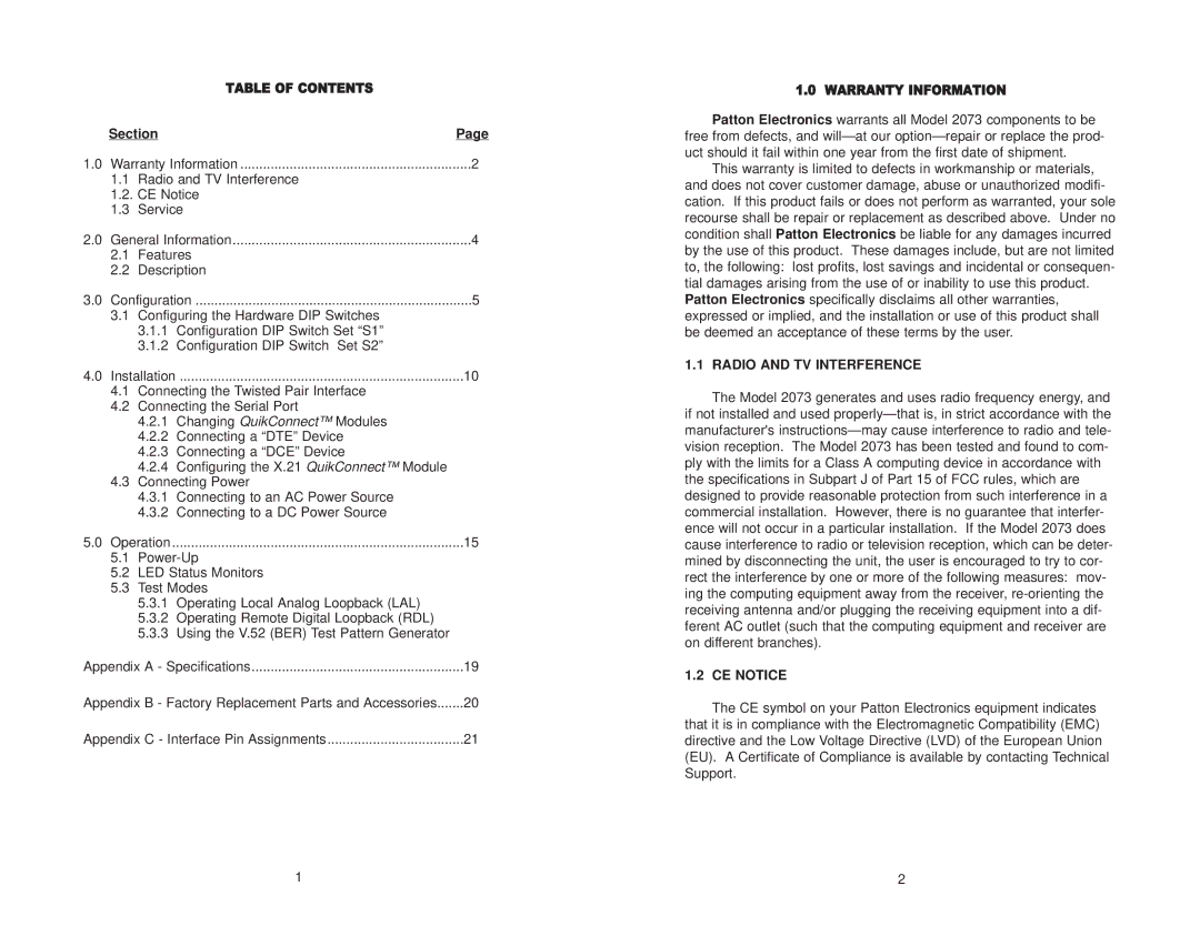 Patton electronic 2073 user manual Section, Radio and TV Interference, CE Notice 