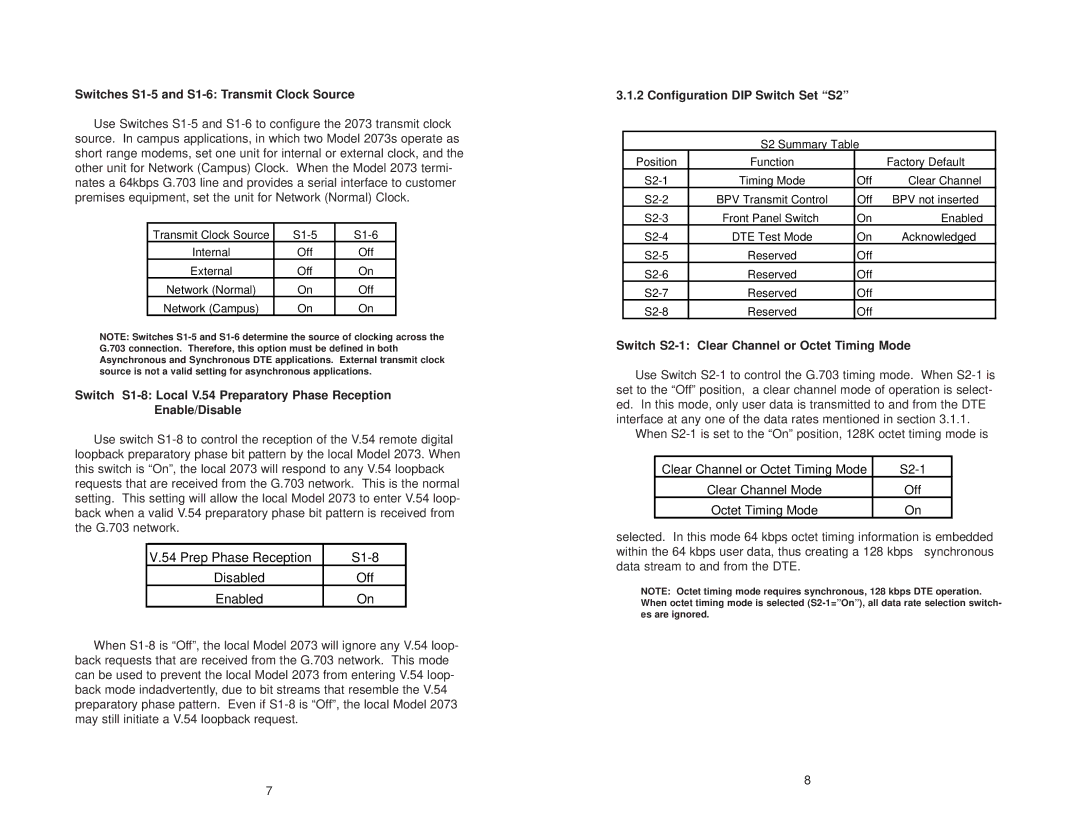 Patton electronic 2073 user manual Switches S1-5 and S1-6 Transmit Clock Source, Configuration DIP Switch Set S2 