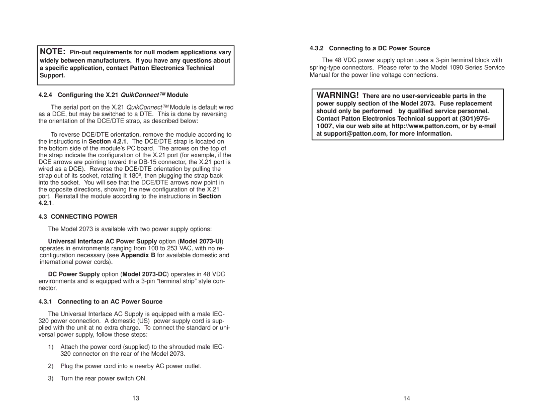 Patton electronic 2073 Configuring the X.21 QuikConnect Module, Connecting Power, Connecting to a DC Power Source 