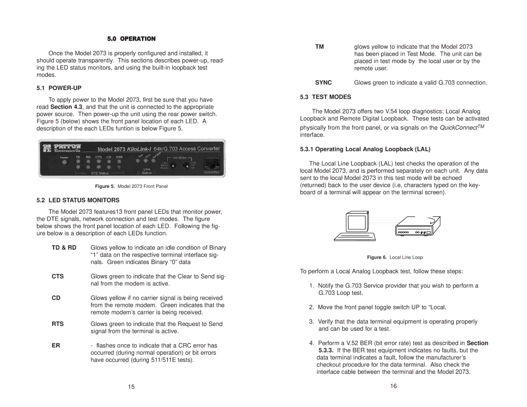 Patton electronic 2073 user manual Power-Up, LED Status Monitors, Td & Rd, Cts, Rts, Sync, Test Modes 