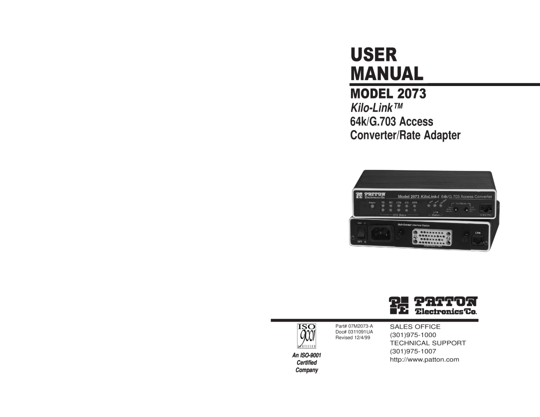 Patton electronic 2073 user manual Sales Office, User Manual, Model, Kilo-Link, 64k/G.703 Access Converter/Rate Adapter 