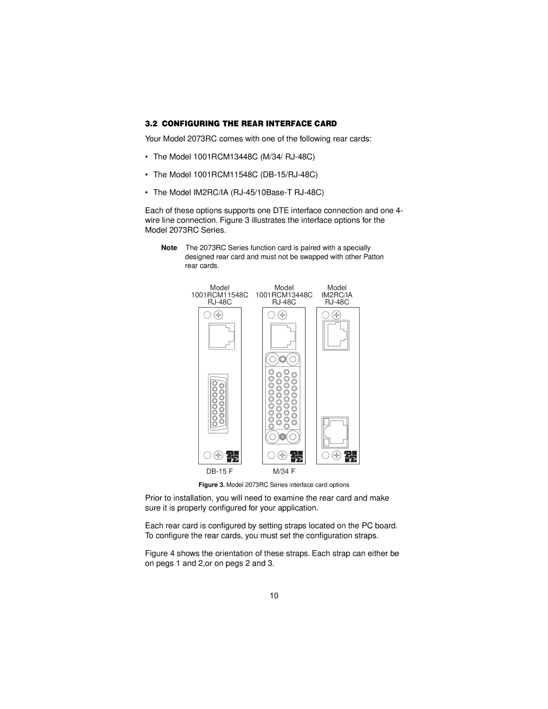 Patton electronic user manual Configuring the Rear Interface Card, Model 2073RC Series interface card options 