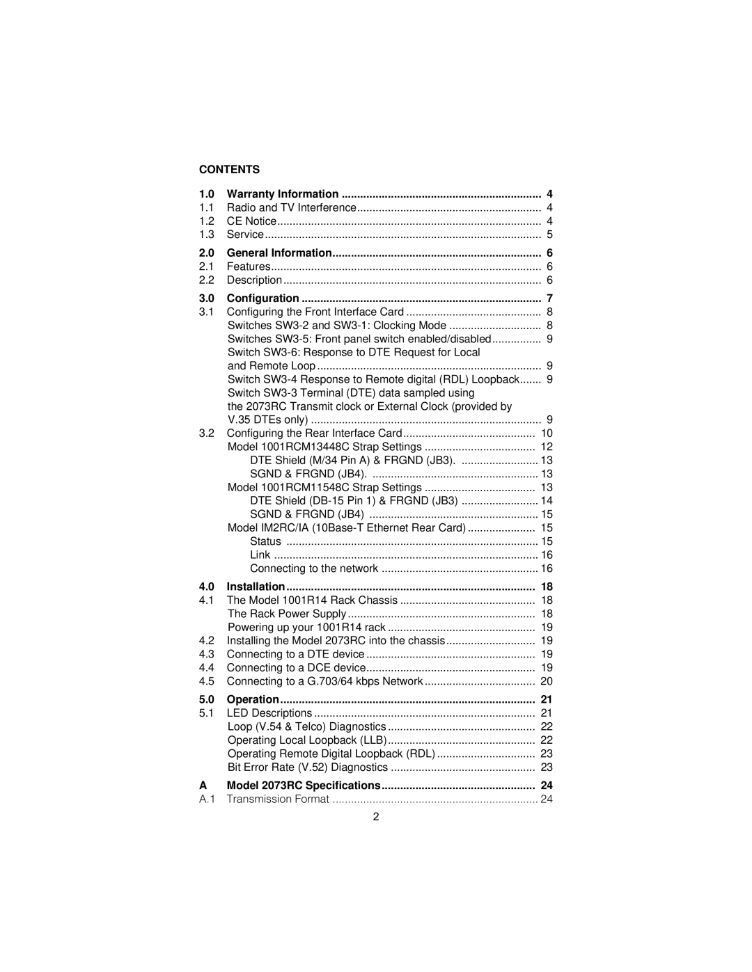 Patton electronic 2073RC user manual Contents 