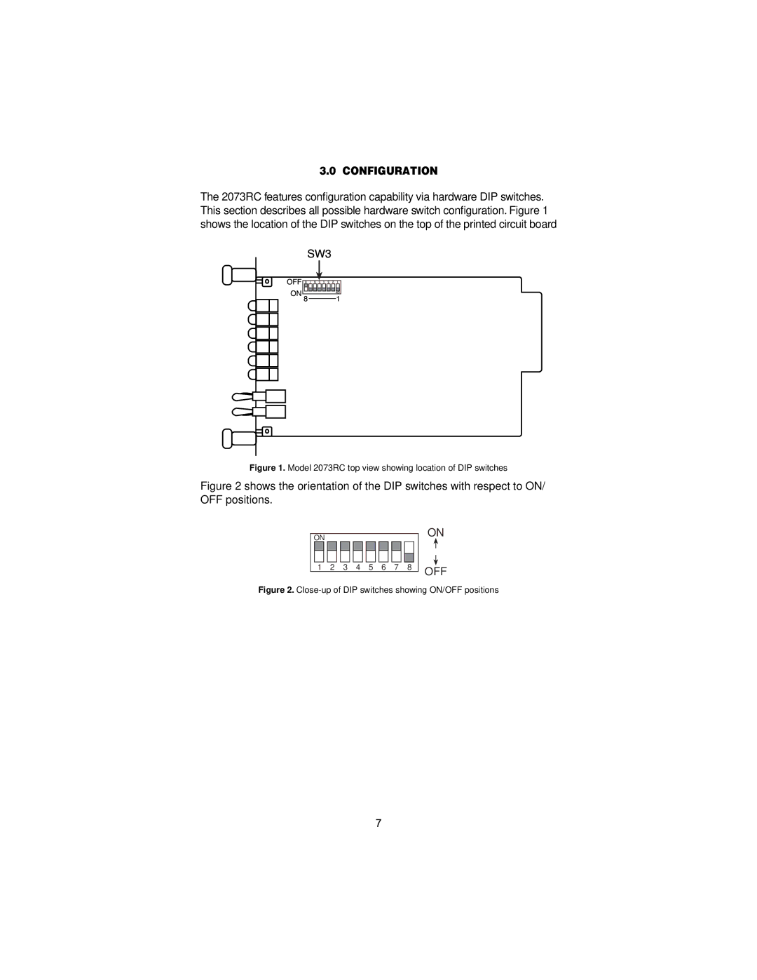 Patton electronic user manual Configuration, Model 2073RC top view showing location of DIP switches 