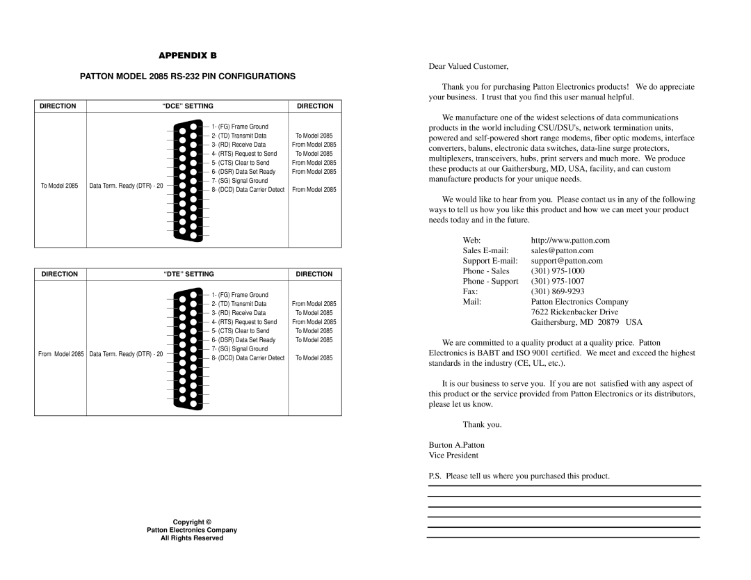 Patton electronic user manual Appendix B Patton Model 2085 RS-232 PIN Configurations, Direction DCE Setting 