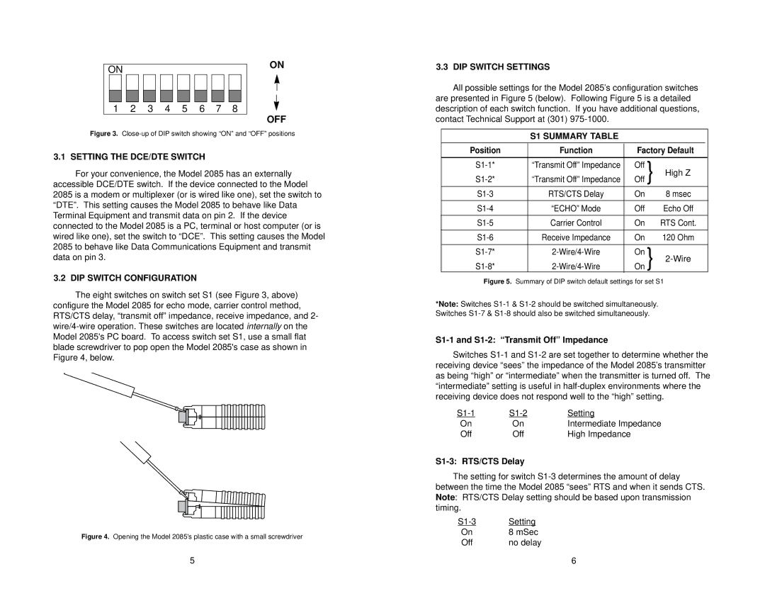 Patton electronic 2085 Setting the DCE/DTE Switch, DIP Switch Configuration, DIP Switch Settings, S1 Summary Table 