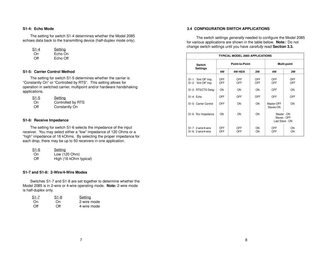 Patton electronic 2085 user manual S1-4 Echo Mode, S1-5 Carrier Control Method, S1-6 Receive Impedance 