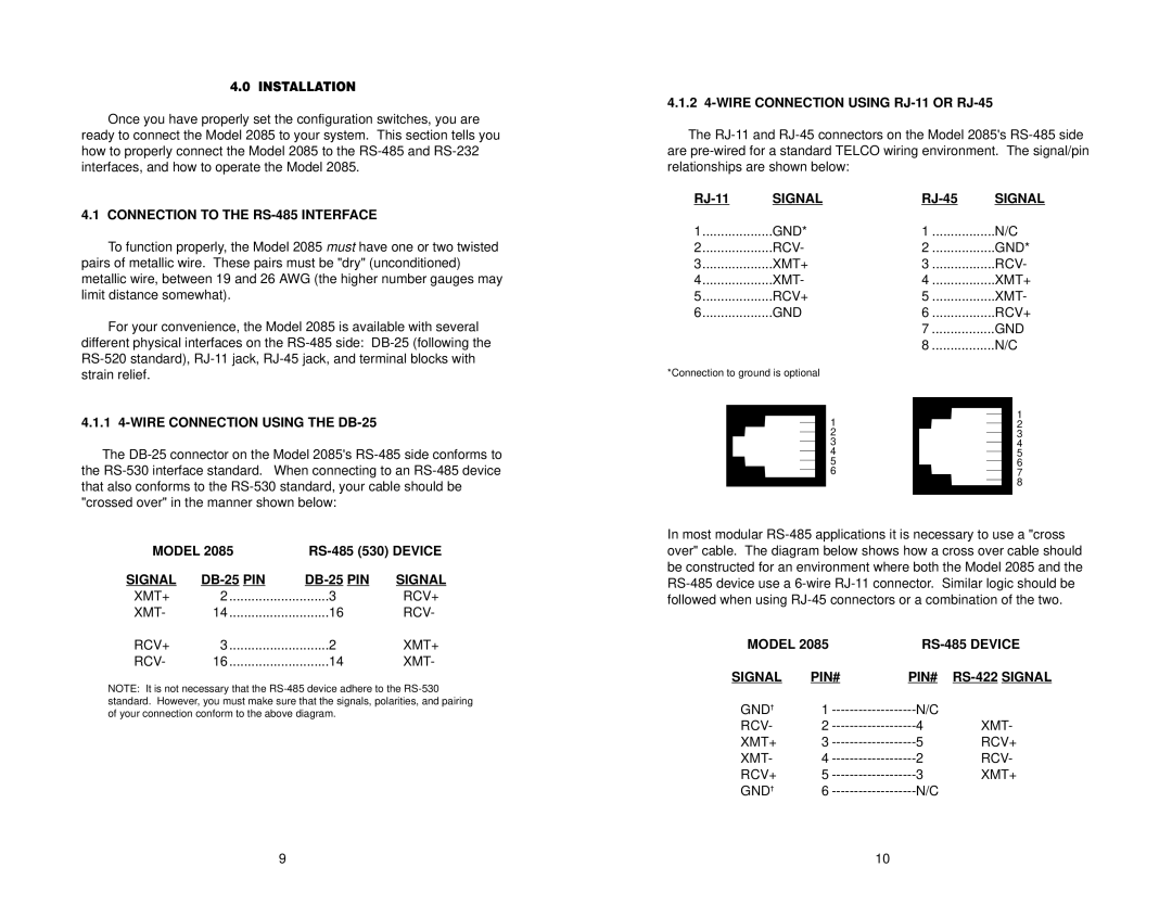 Patton electronic 2085 2 4-WIRE Connection Using RJ-11 or RJ-45, Connection to the RS-485 Interface, RJ-11 Signal 