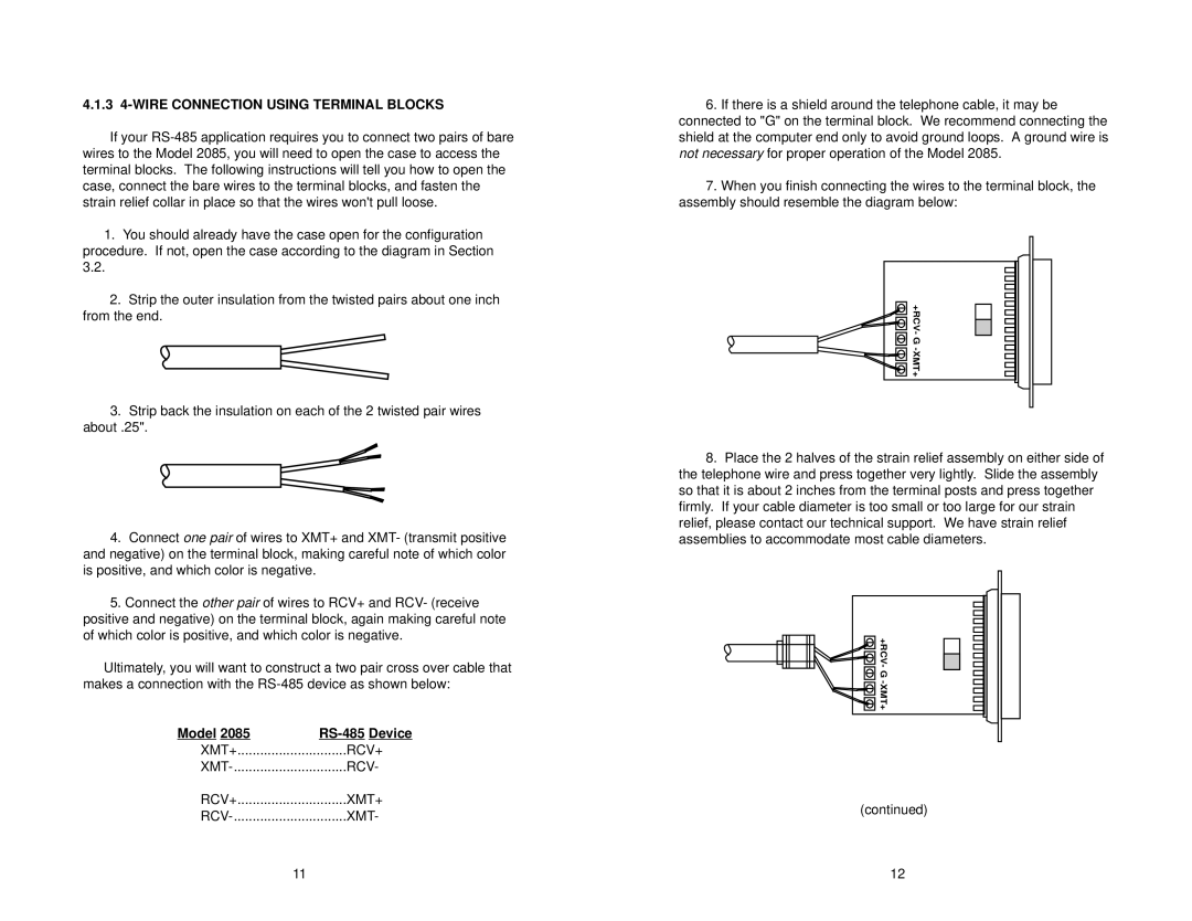 Patton electronic 2085 user manual 3 4-WIRE Connection Using Terminal Blocks, Model RS-485 Device 