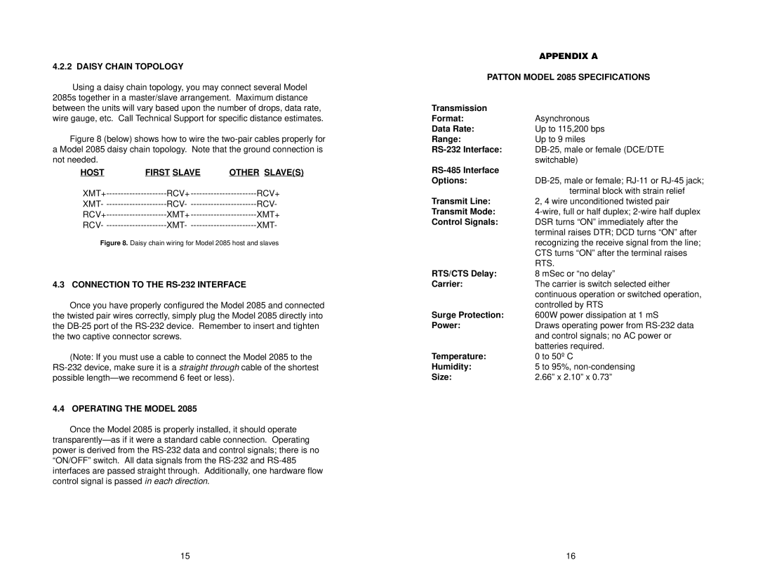 Patton electronic 2085 user manual Daisy Chain Topology, Host First Slave Other Slaves, Connection to the RS-232 Interface 