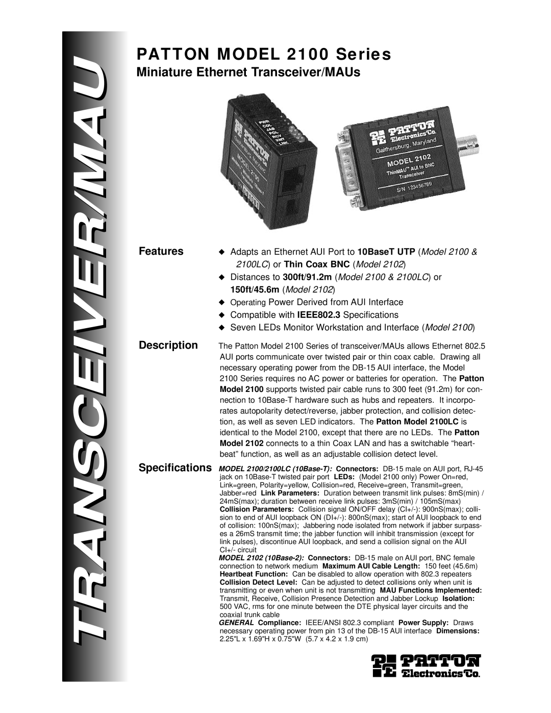 Patton electronic specifications Patton Model 2100 Series, Miniature Ethernet Transceiver/MAUs, Features, Description 