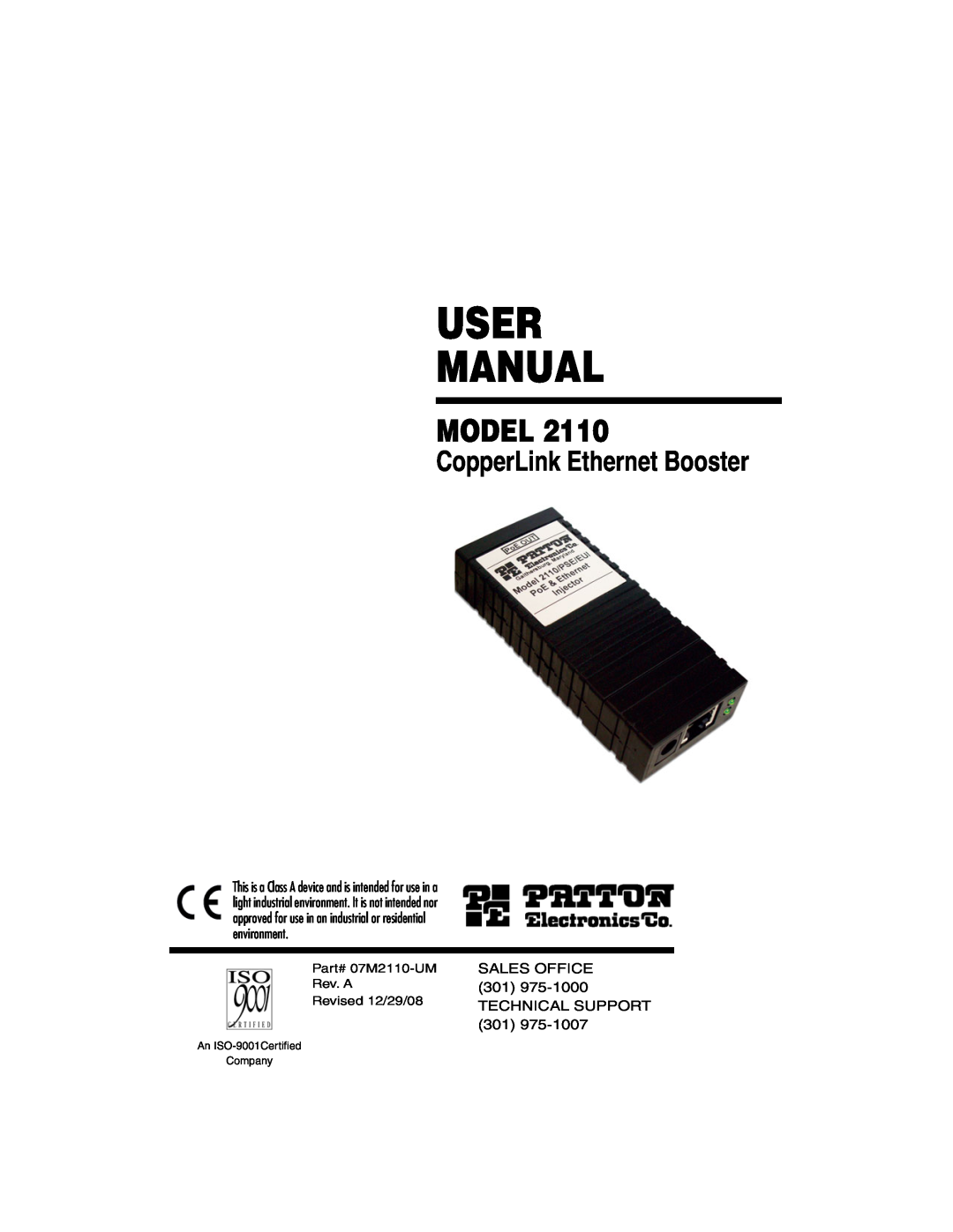 Patton electronic 2110 user manual Model, CopperLink Ethernet Booster, An ISO-9001Certiﬁed Company 