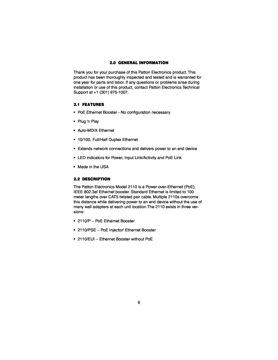 Patton electronic 2110 user manual General Information, Features, Description 