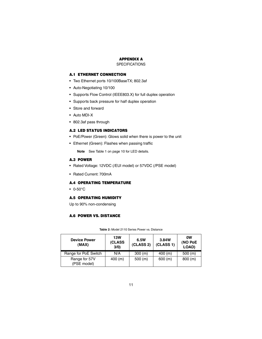 Patton electronic 2110 Appendix a, Ethernet Connection, LED Status Indicators, Power, Operating Temperature, Class 