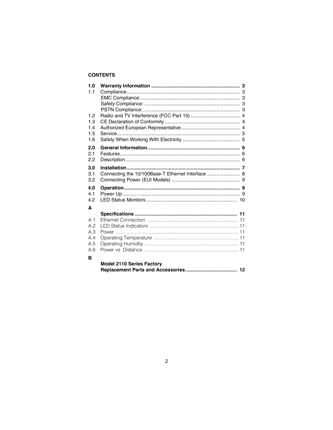 Patton electronic 2110 user manual Contents 