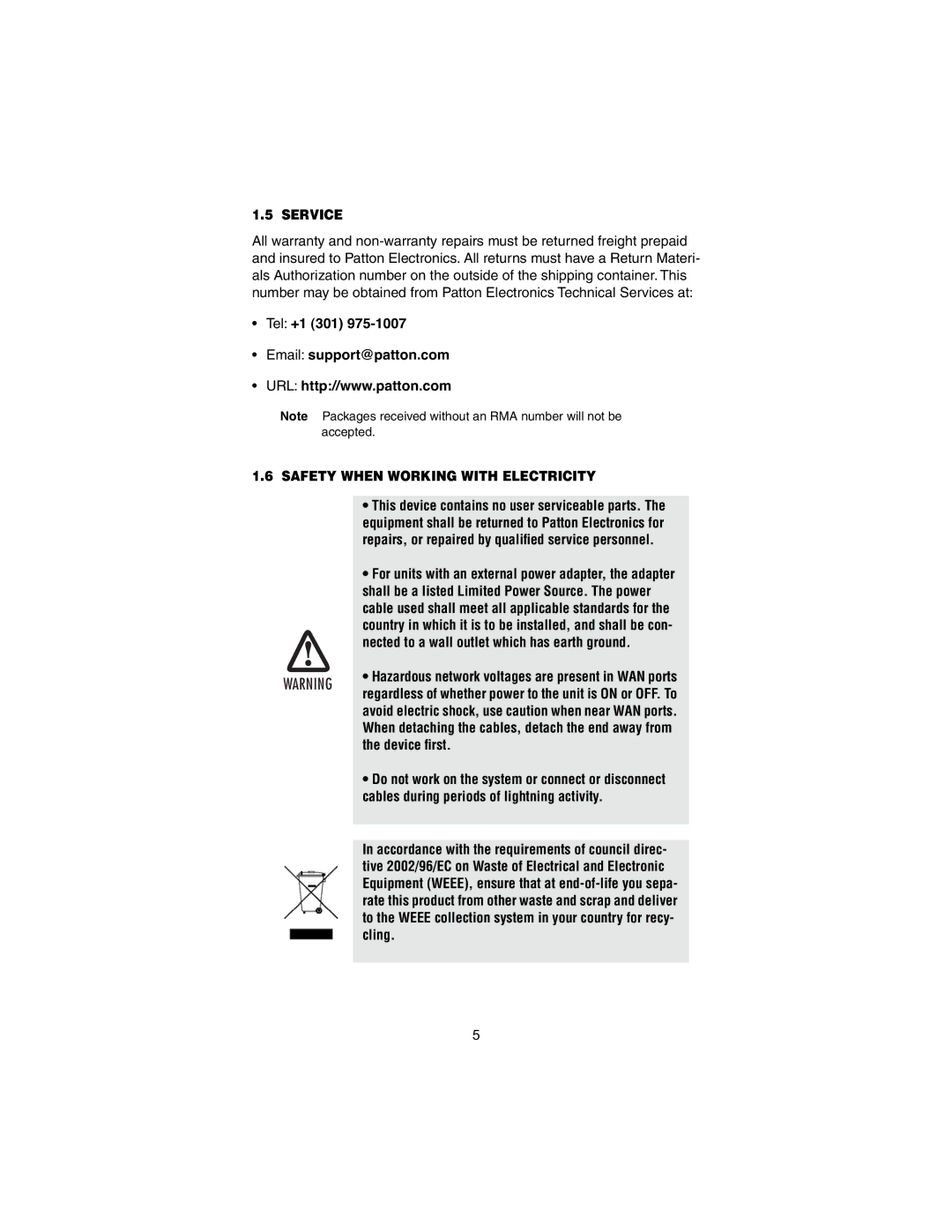 Patton electronic 2110 user manual Service, Safety When Working with Electricity 