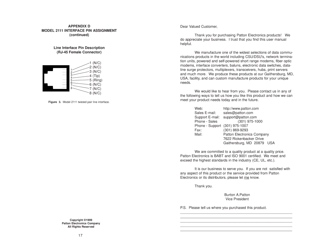 Patton electronic Appendix D Model 2111 Interface PIN Assignment, Line Interface Pin Description RJ-45 Female Connector 