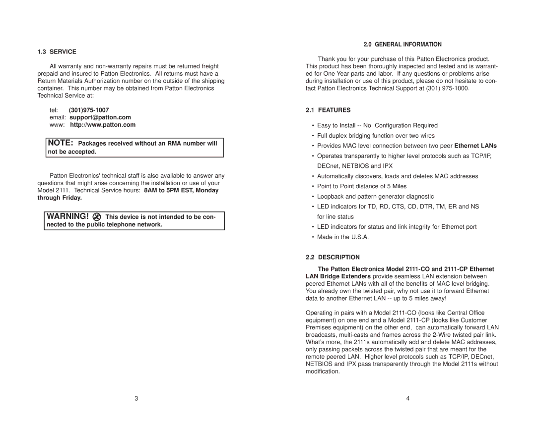 Patton electronic 2111 user manual Service, Tel Email support@patton.com, Features, Description 