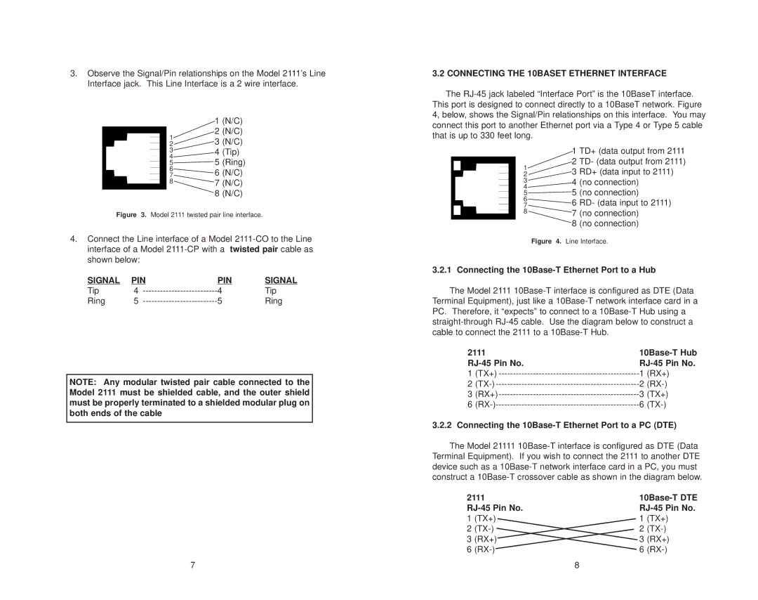 Patton electronic 2111 user manual Signal PIN, Connecting the 10BASET Ethernet Interface 