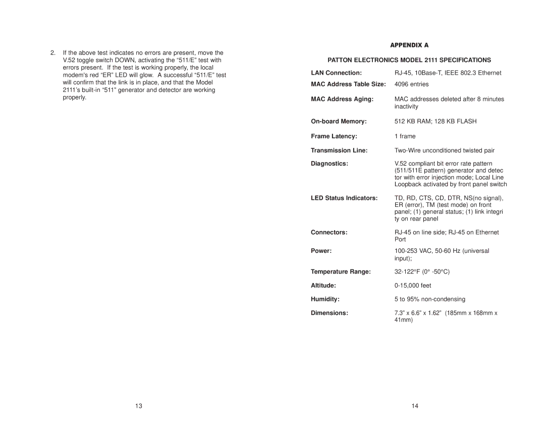 Patton electronic user manual Patton Electronics Model 2111 Specifications 