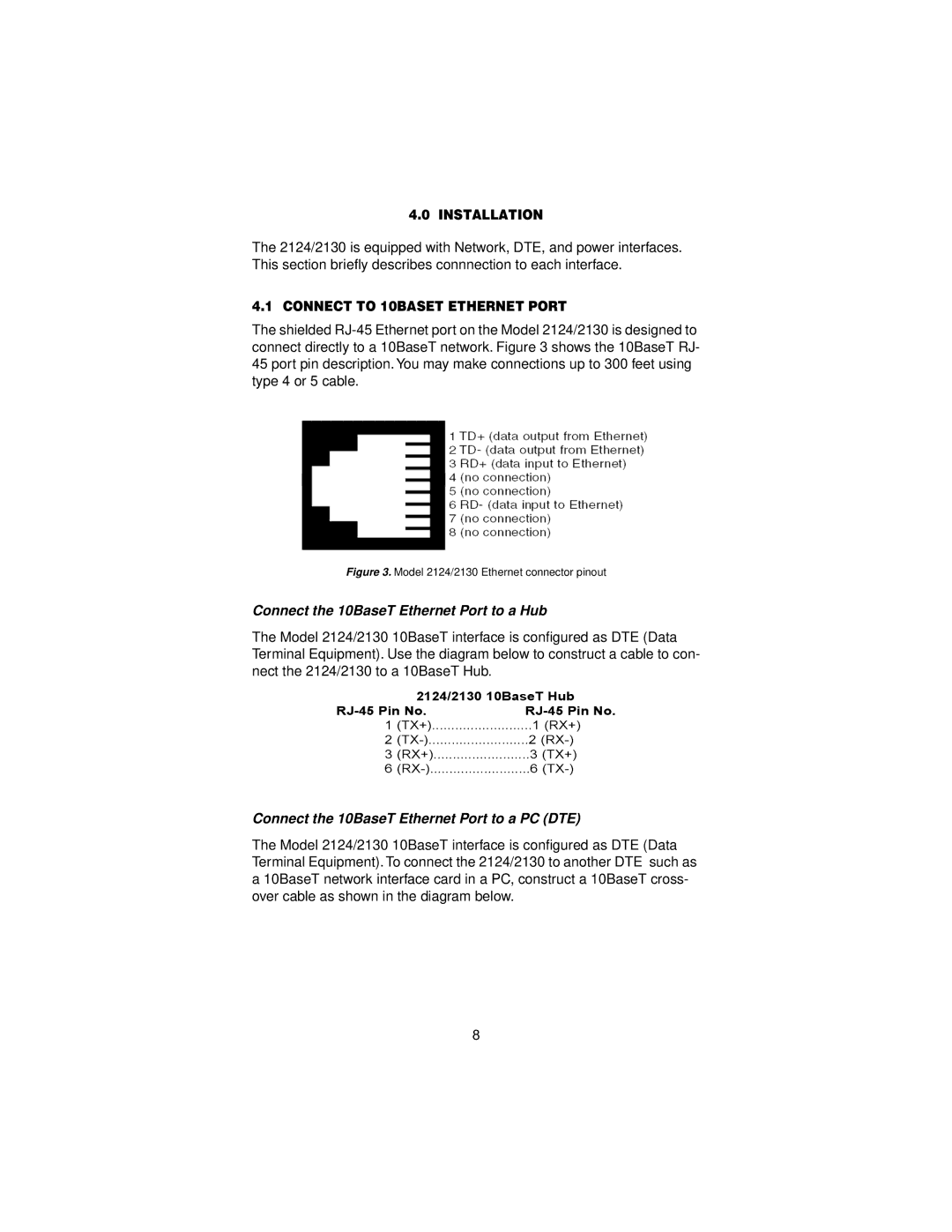 Patton electronic 2130, 2124 Installation, Connect to 10BASET Ethernet Port, Connect the 10BaseT Ethernet Port to a Hub 