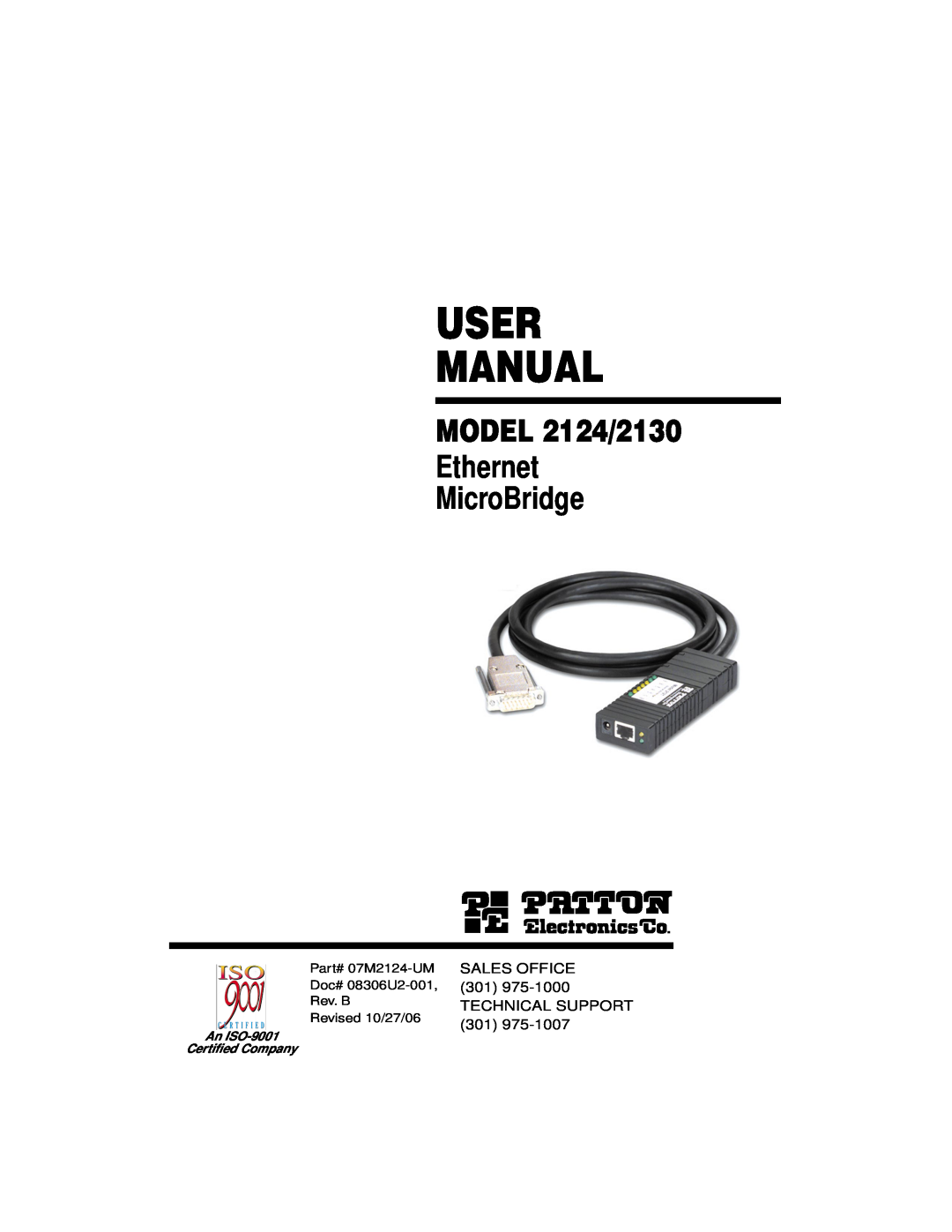 Patton electronic user manual User Manual, MODEL 2124/2130 Ethernet MicroBridge, An ISO-9001 Certiﬁed Company 