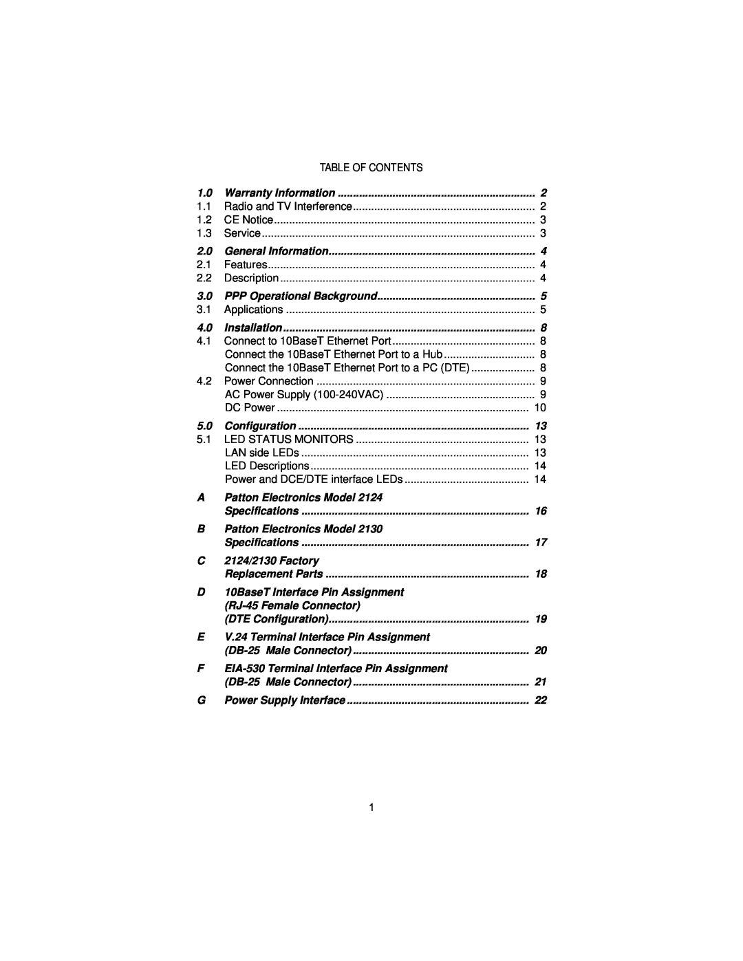 Patton electronic 2124, 2130 user manual Table Of Contents 