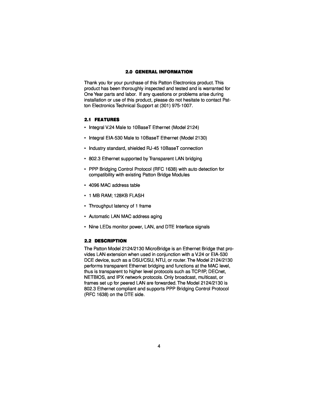 Patton electronic 2130, 2124 user manual General Information, Features, Description 
