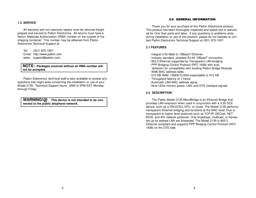 Patton electronic 2135 user manual Service, General Information, Features, Description 