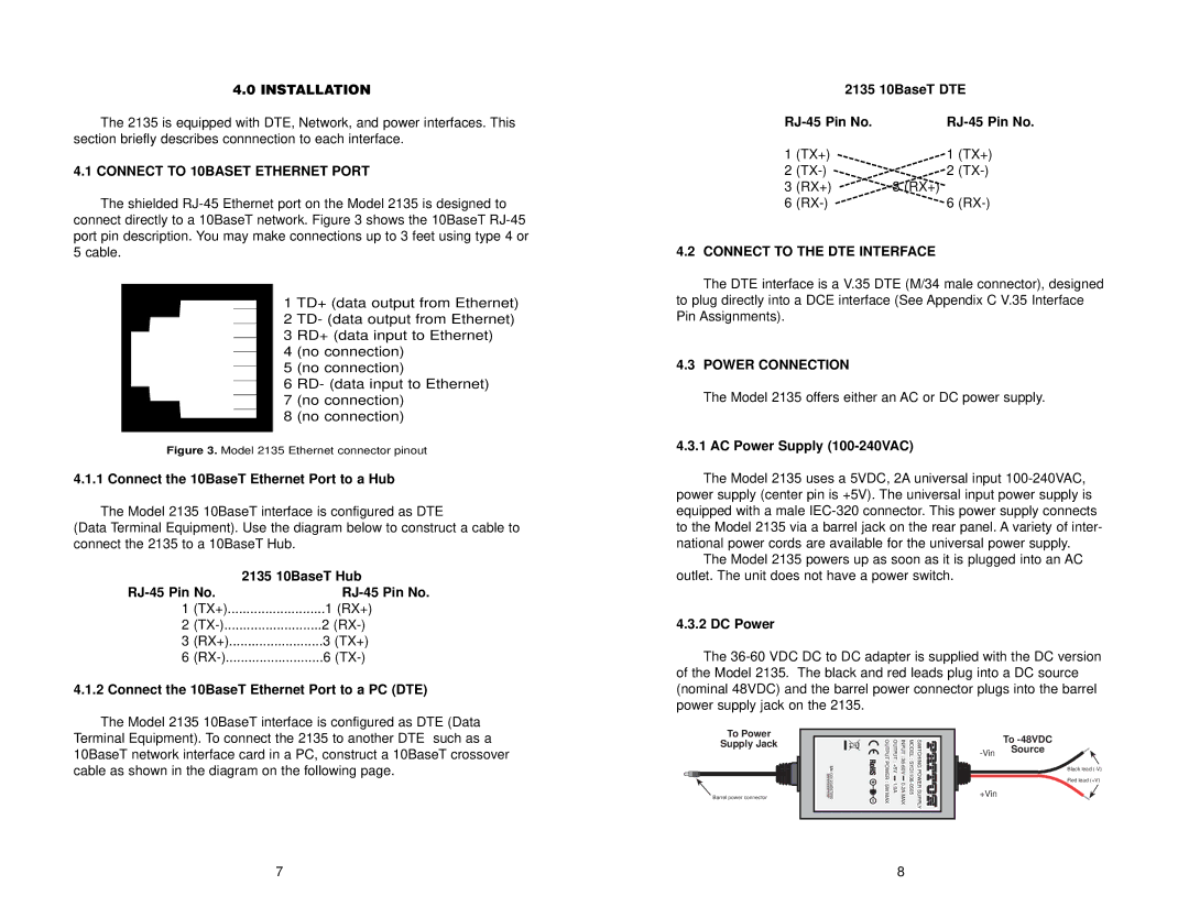 Patton electronic 2135 Installation, Connect to 10BASET Ethernet Port, Connect to the DTE Interface, Power Connection 