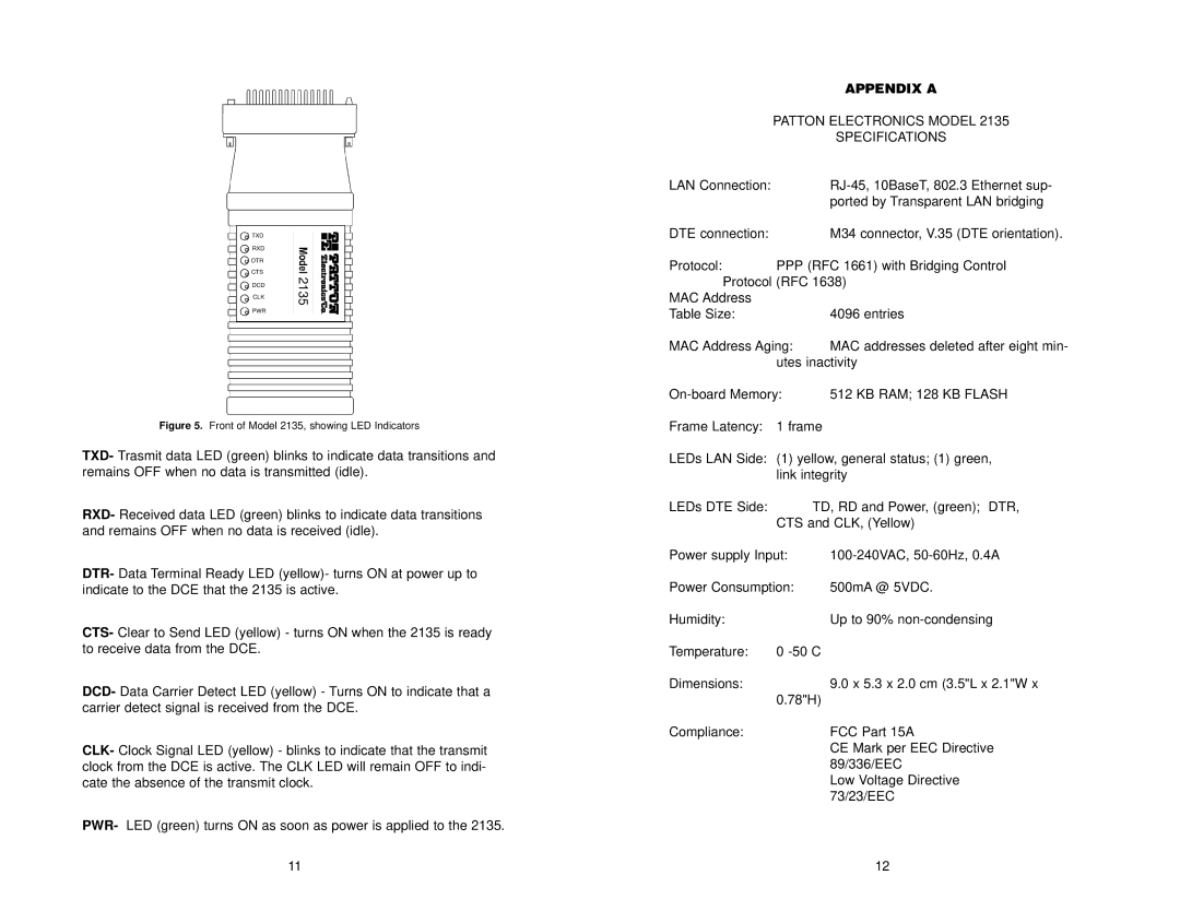 Patton electronic 2135 user manual Appendix a, Patton Electronics Model Specifications 