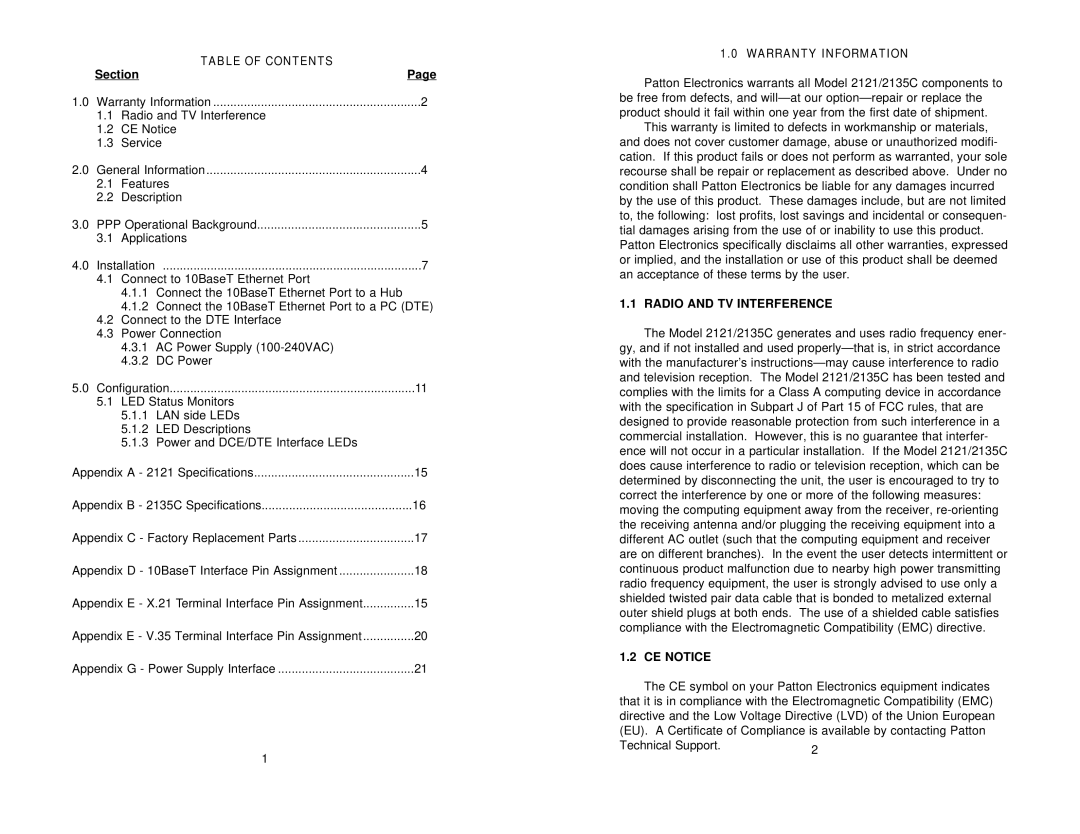 Patton electronic 2135C, 2121 user manual Table of Contents, Warranty Information, Radio and TV Interference, CE Notice 