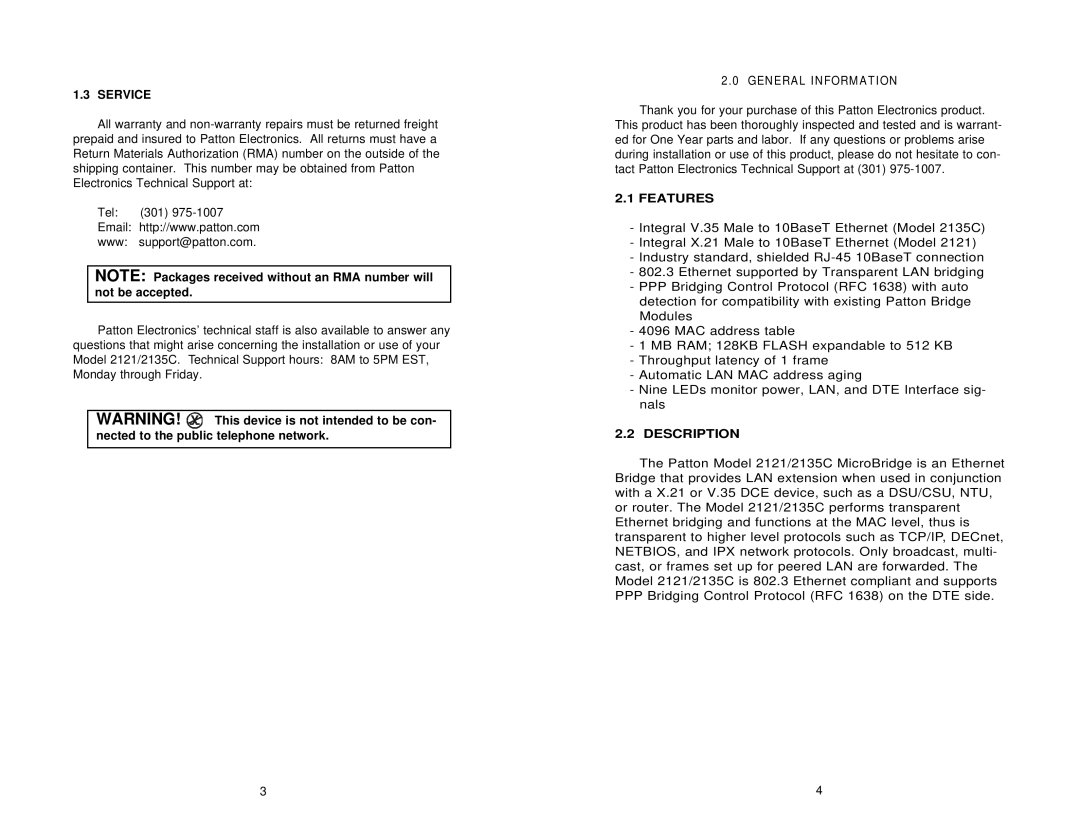 Patton electronic 2121, 2135C user manual Service, General Information, Features, Description 