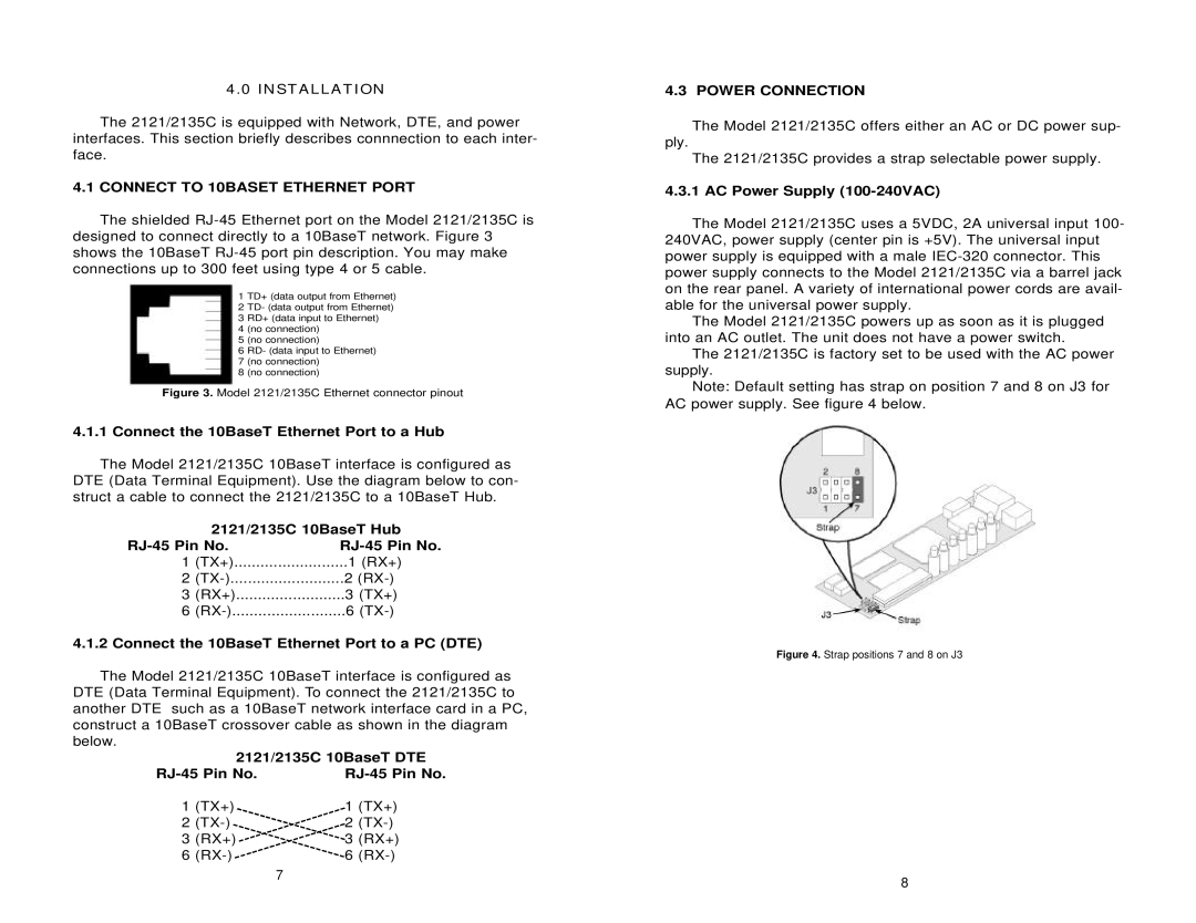 Patton electronic 2121, 2135C user manual Installation, Connect to 10BASET Ethernet Port, Power Connection 