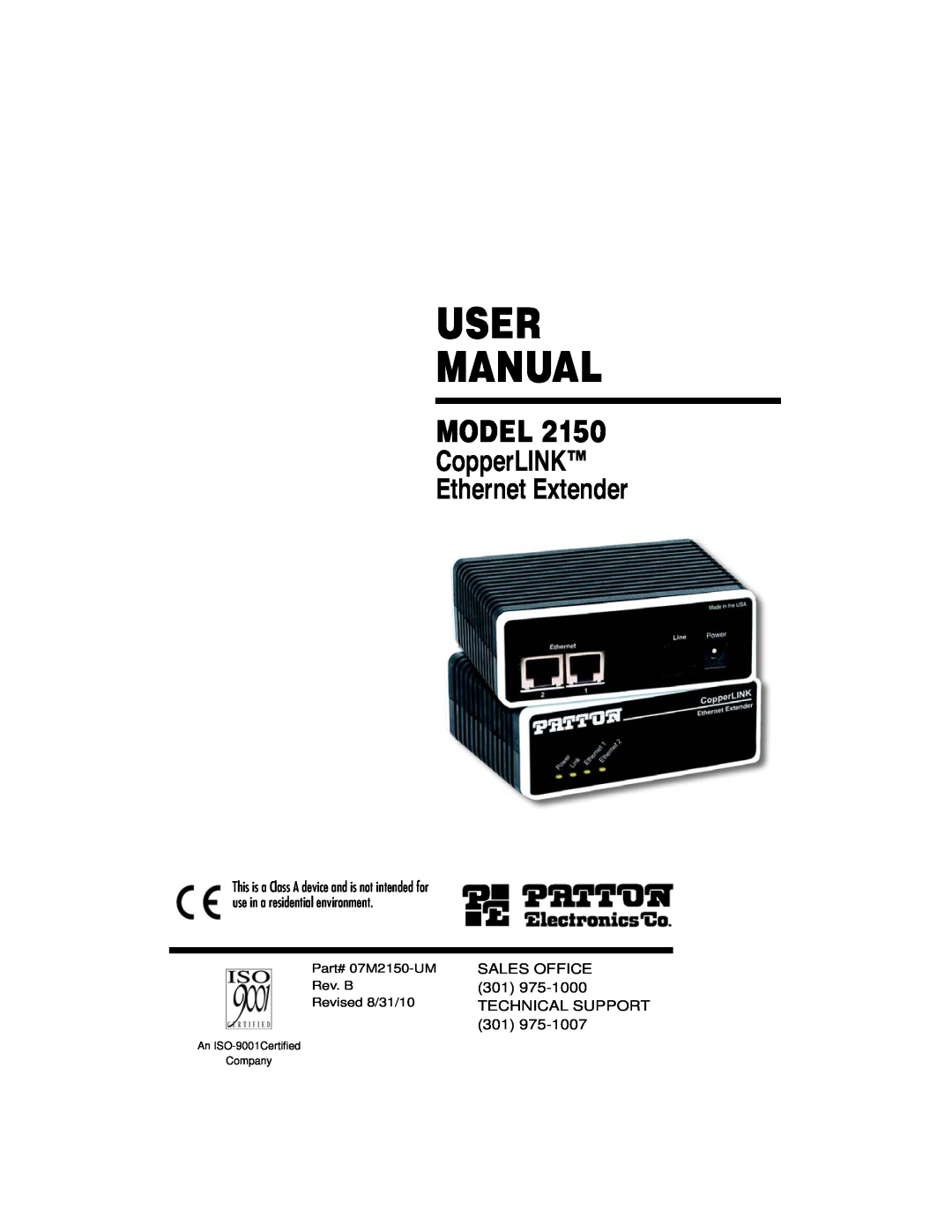 Patton electronic user manual User Manual, Model, CopperLINK Ethernet Extender, Part# 07M2150-UM, Rev. B 
