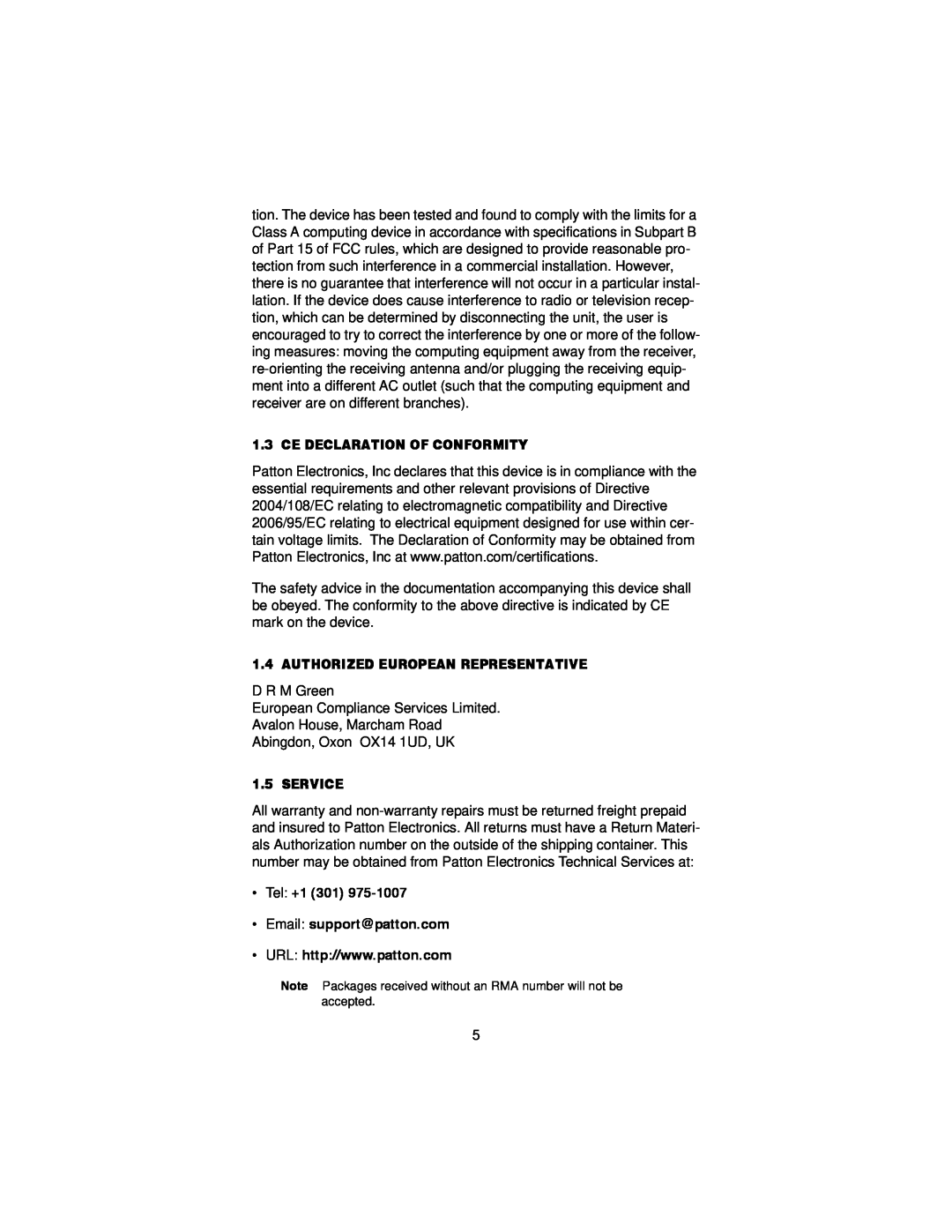 Patton electronic 2150 user manual Ce Declaration Of Conformity, Authorized European Representative, Service 
