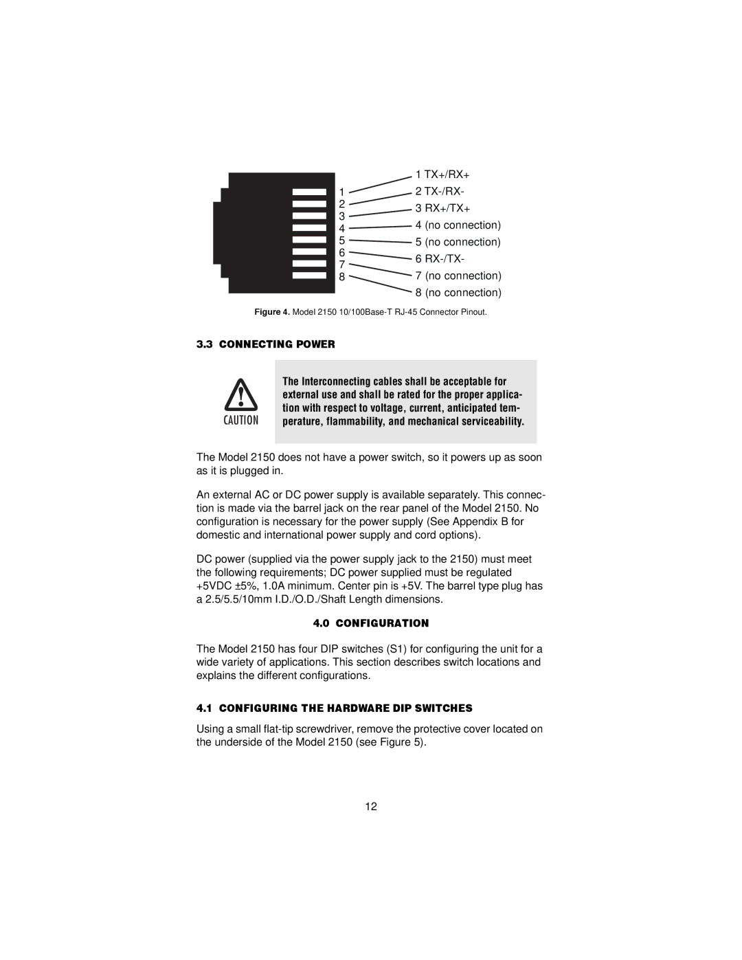 Patton electronic 2150 user manual Connecting Power, Configuration, Configuring the Hardware DIP Switches 