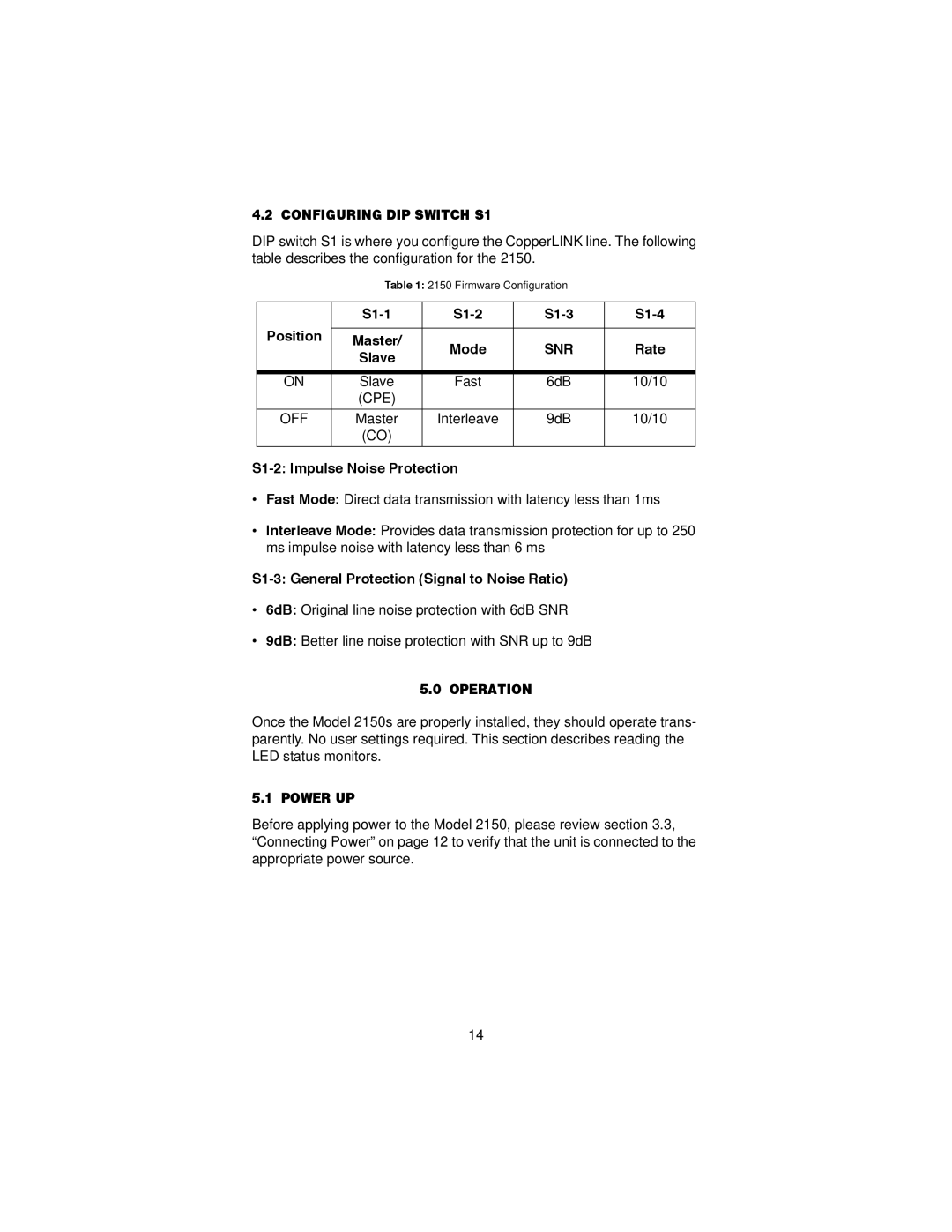 Patton electronic 2150 user manual Configuring DIP Switch S1, Operation, Power UP 