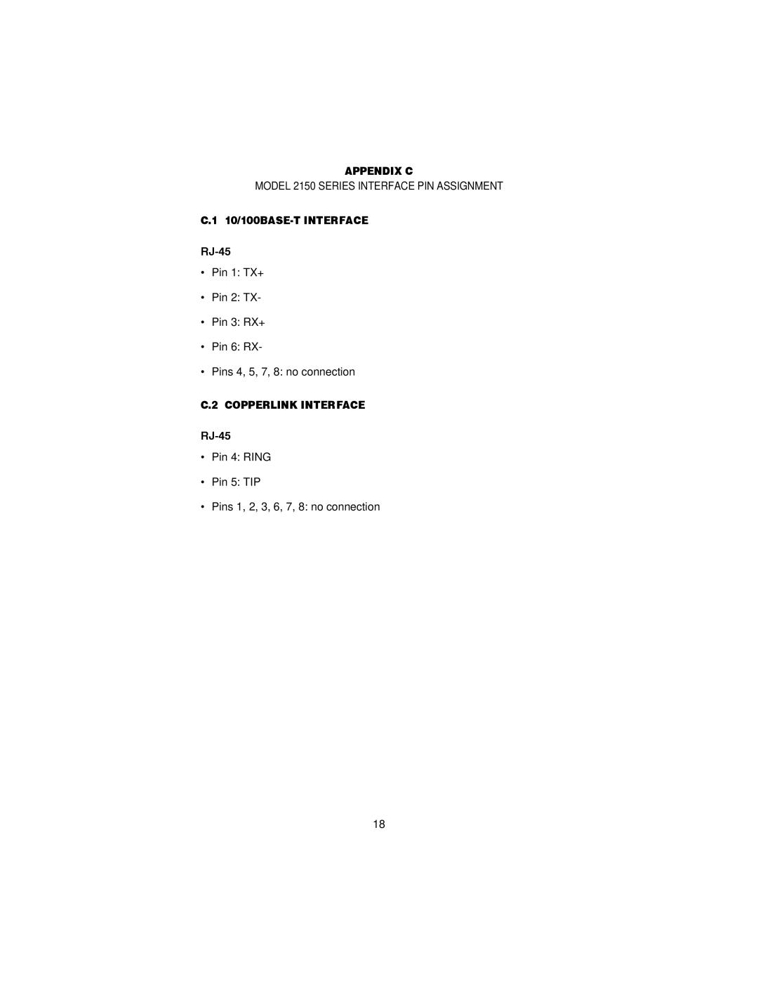 Patton electronic 2150 user manual Appendix C, 10/100BASE-T Interface, RJ-45, Copperlink Interface 