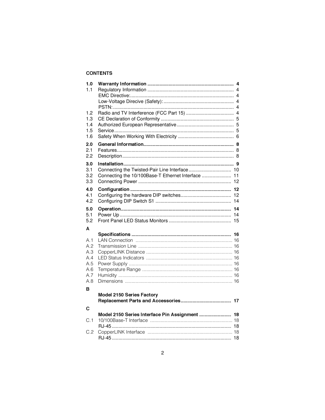 Patton electronic 2150 user manual Contents 