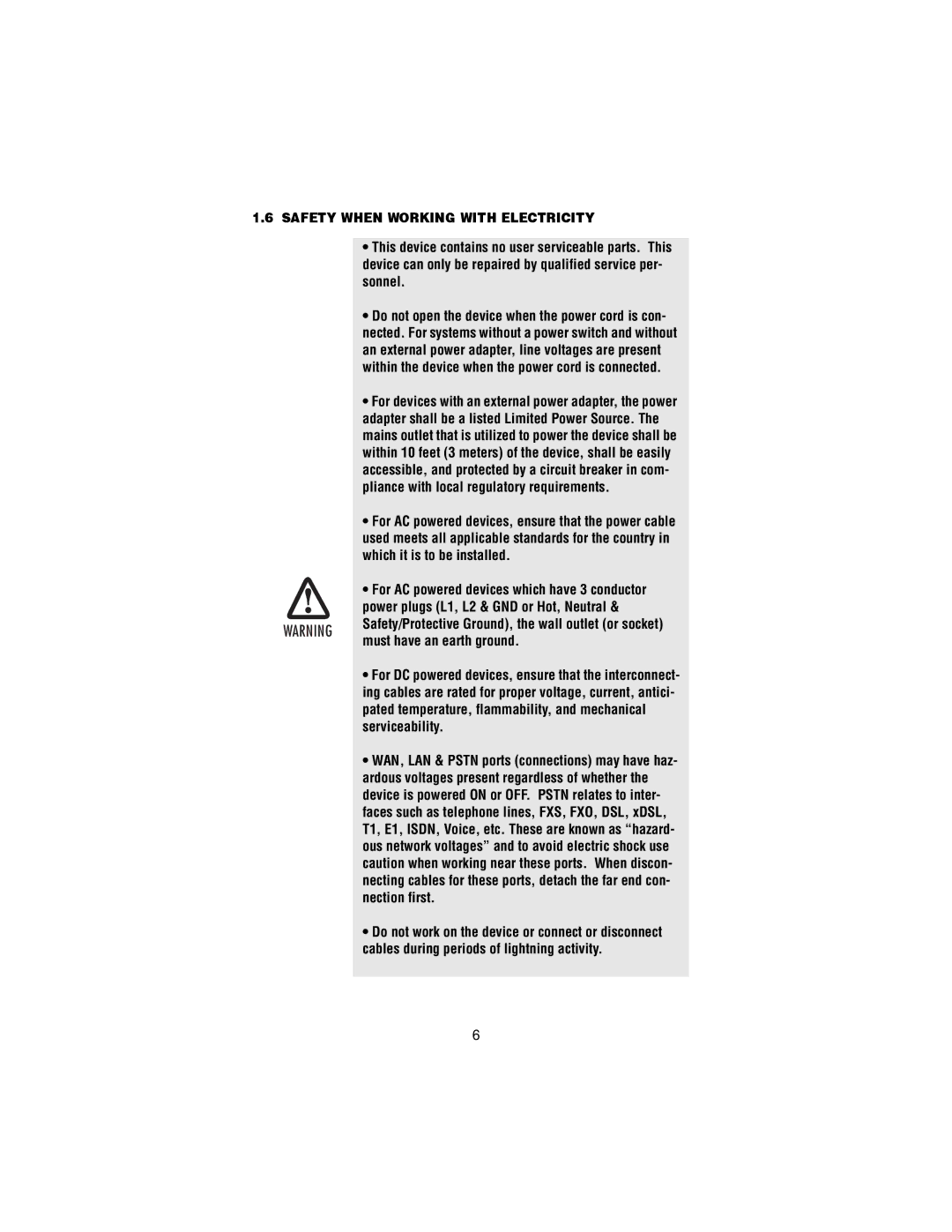 Patton electronic 2150 user manual Safety When Working with Electricity, Must have an earth ground 