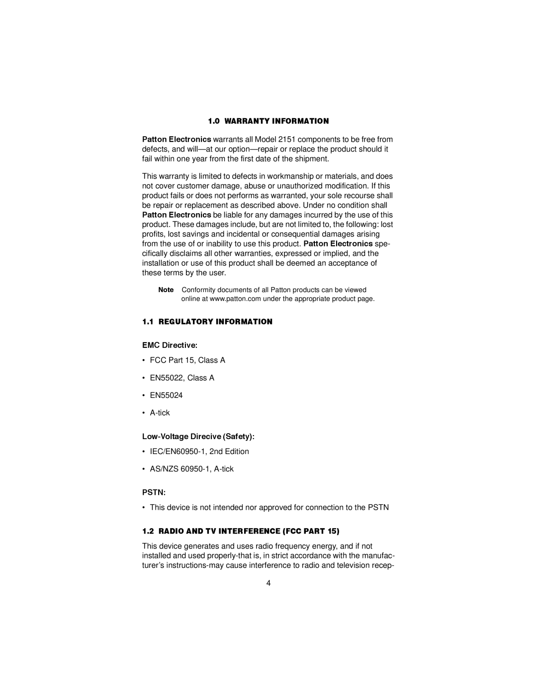 Patton electronic 2151 user manual Warranty Information, Regulatory Information, Pstn, Radio and TV Interference FCC Part 