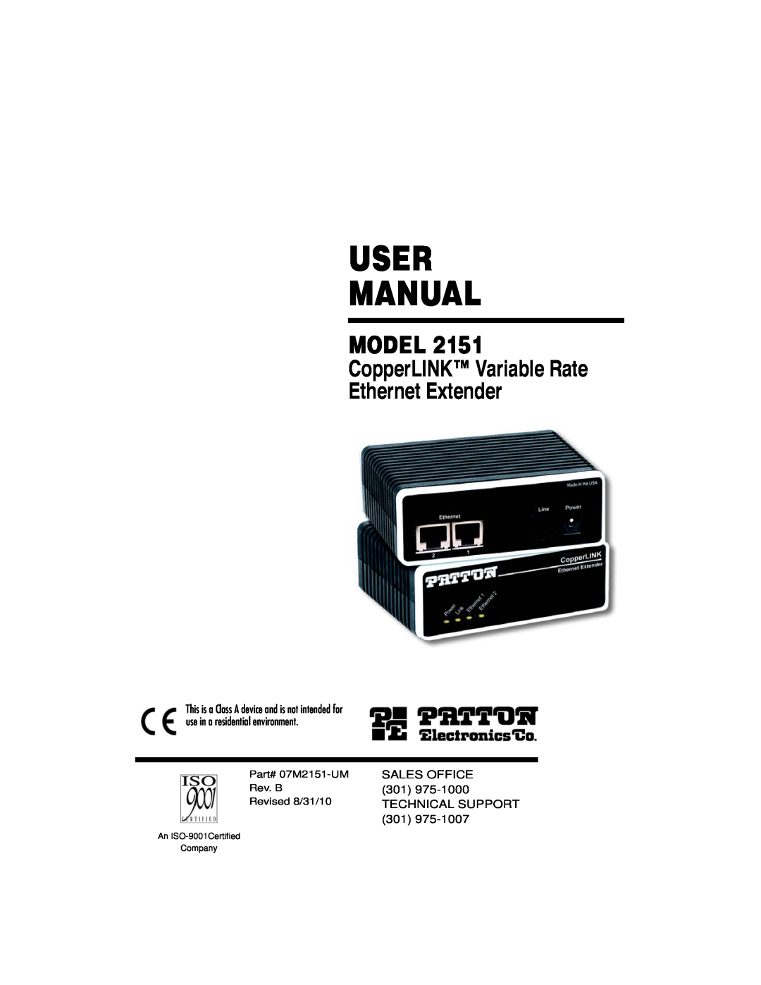 Patton electronic 2151 user manual User Manual, Model, CopperLINK Variable Rate Ethernet Extender 