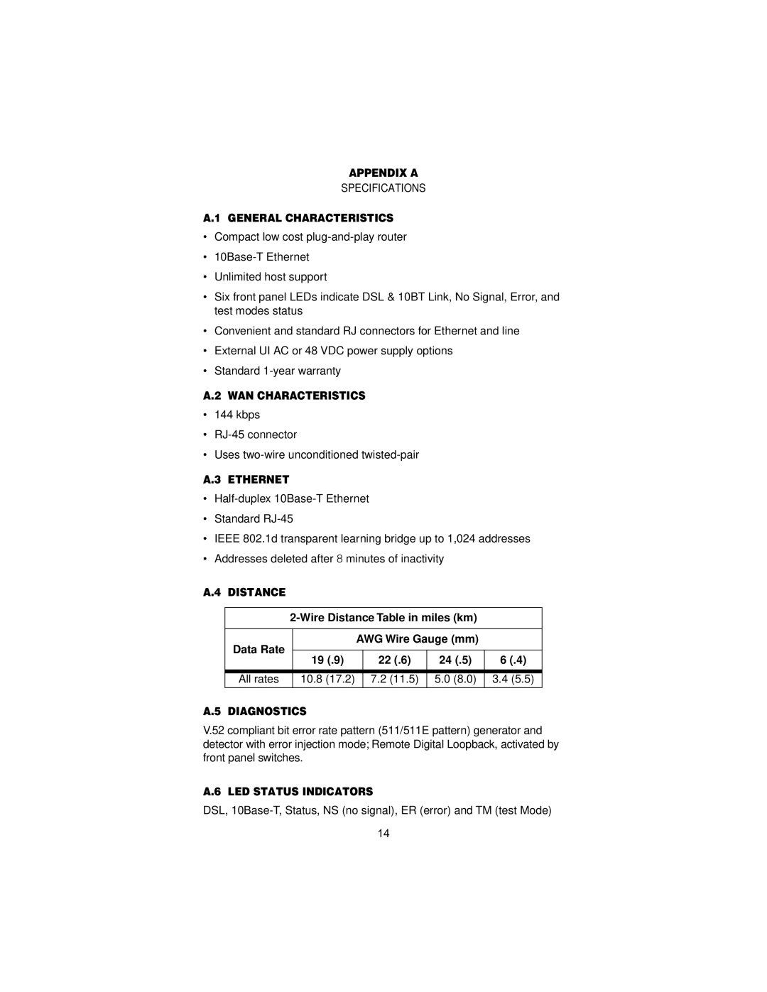 Patton electronic 2155 Appendix a, General Characteristics, WAN Characteristics, Ethernet, Distance, Diagnostics 