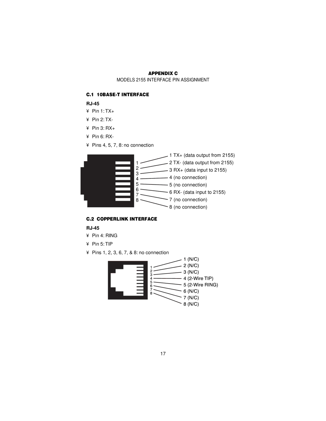 Patton electronic 2155 user manual Appendix C, 10BASE-T Interface, RJ-45, Copperlink Interface 