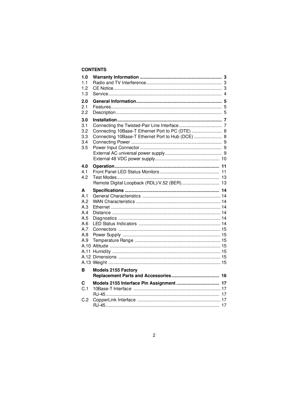 Patton electronic 2155 user manual Contents 